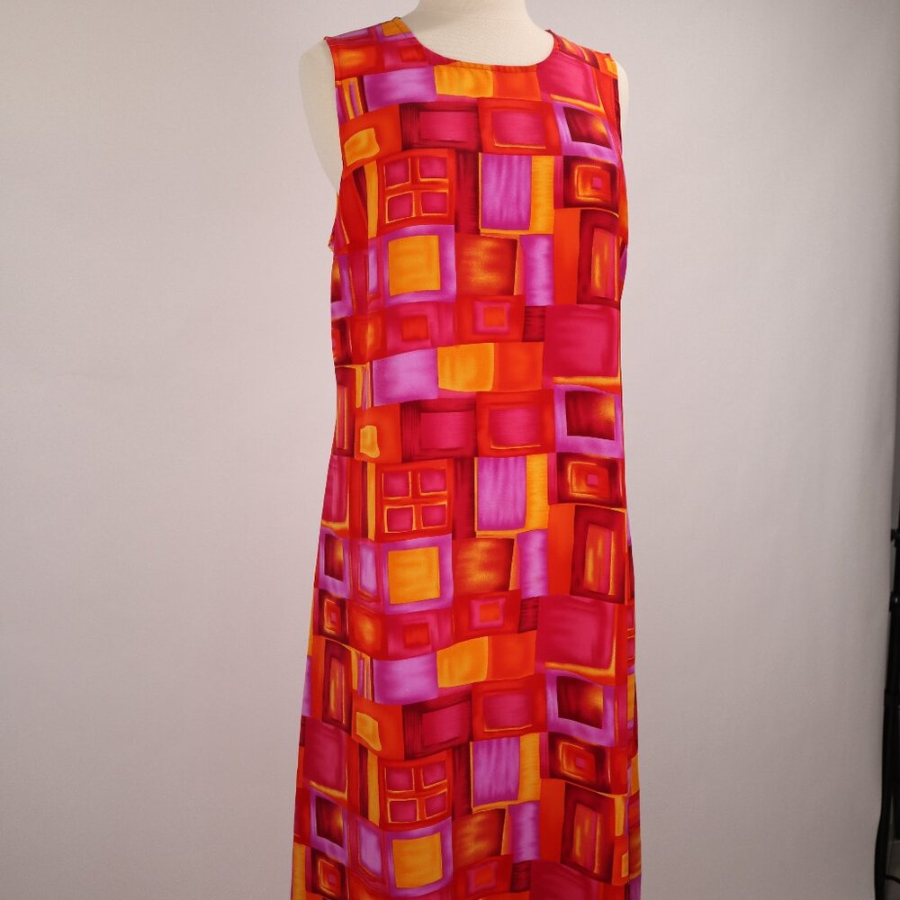 🌺 Vintage 80's Graphic Abstract Hawaiian Long Sleeveless Maxi Dress Caftan Slip - Picture 2 of 8